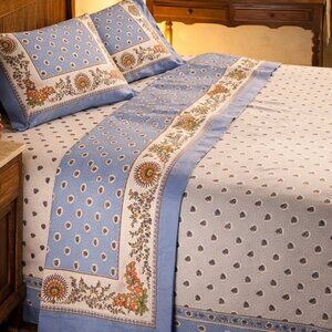 Vintage Artex Floral Sheet Set Queen Cottagecore Blue Romantic 80s Bedding